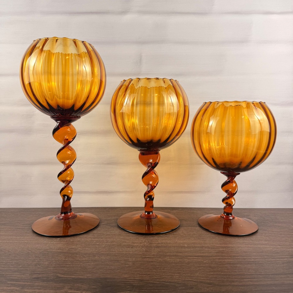 Empoli Amber Art Glass Goblets Set of 3 Twisted Stem Italy